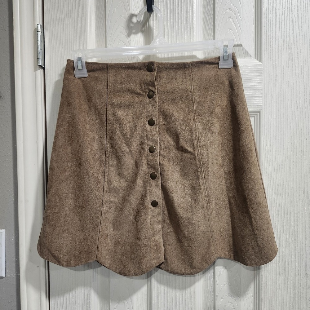 Blue Rain Faux Suede‎ Skirt Small Brown A-Line Scalloped Hem Button Front